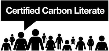 Black and white illustration of a group of diverse stick figures of varying sizes representing a community, with a black speech bubble above them containing the white text "Certified Carbon Literate".